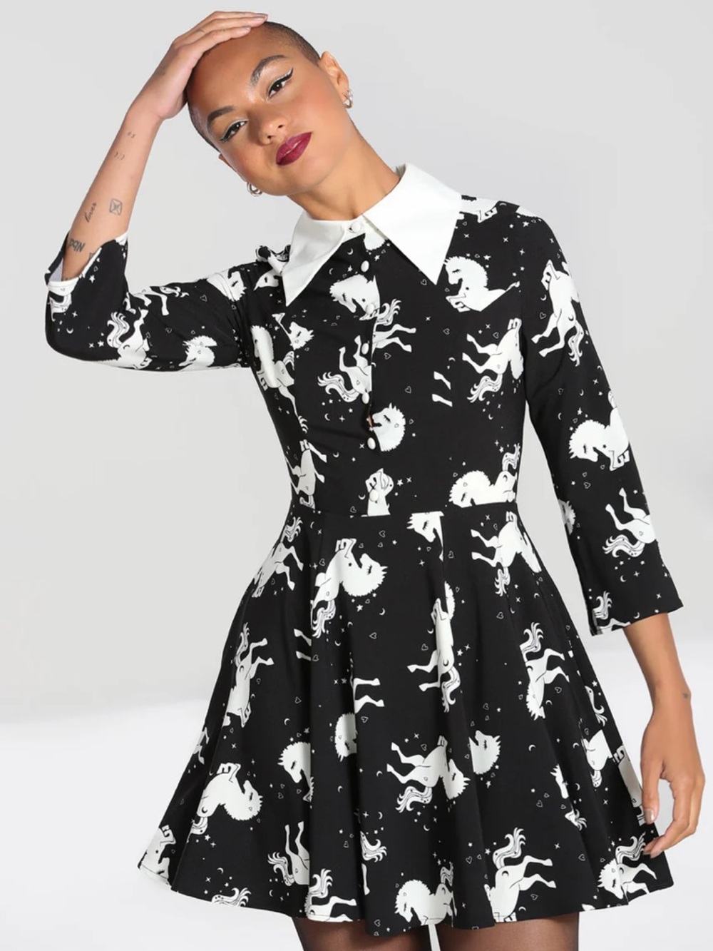 Hell Bunny Sz 20 Sullivan Black Unicorn Retro Pin Up Fit And Flare Dress